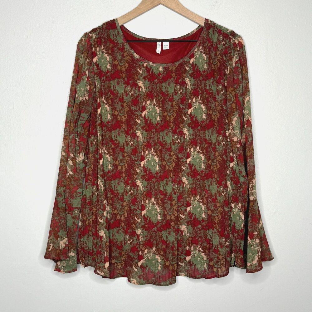 Cato Womens Blouse 14/16W Red Pleated Sheer Top Balloon Sleeve Boho Peasantcore